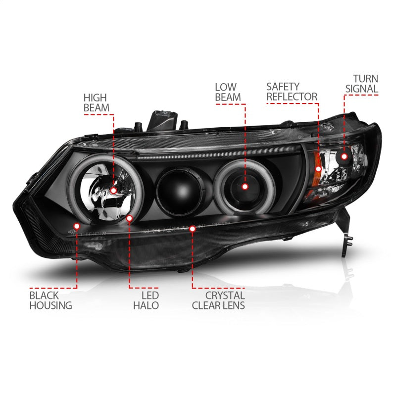 ANZO 2006-2011 Honda Civic Projector Headlights w/ Halo Black (CCFL)