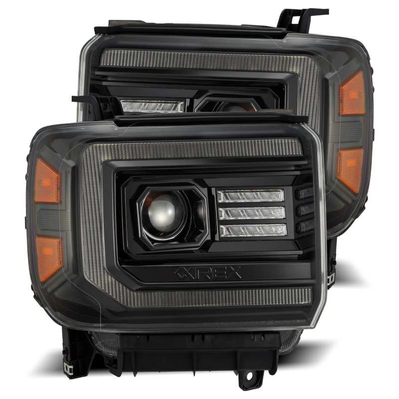 AlphaRex 14-18 GMC Sierra LUXX LED Proj Headlights Plnk Style Alpha Blk w/Activ Light/Seq Signal/DRL